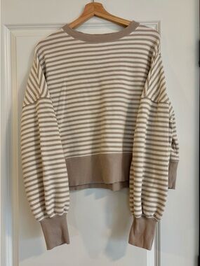 American Eagle Outfitters Cream and Taupe Striped Crew Neck Sweater